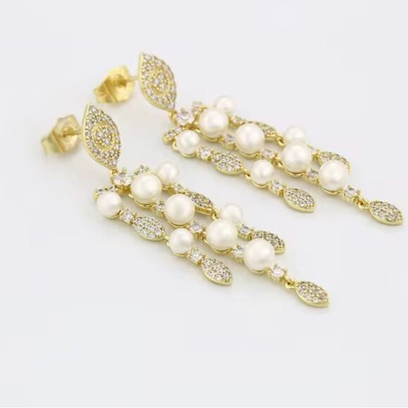 Elegant 14K Gold Plated and Silver Pearl Drop Earrings - Picture 4 of 10